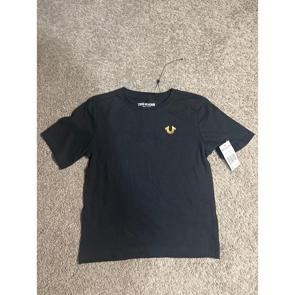 True Religion boys black size 7 Gold Horseshoe Logo Short Sleeve T-Shirt Tee NWT